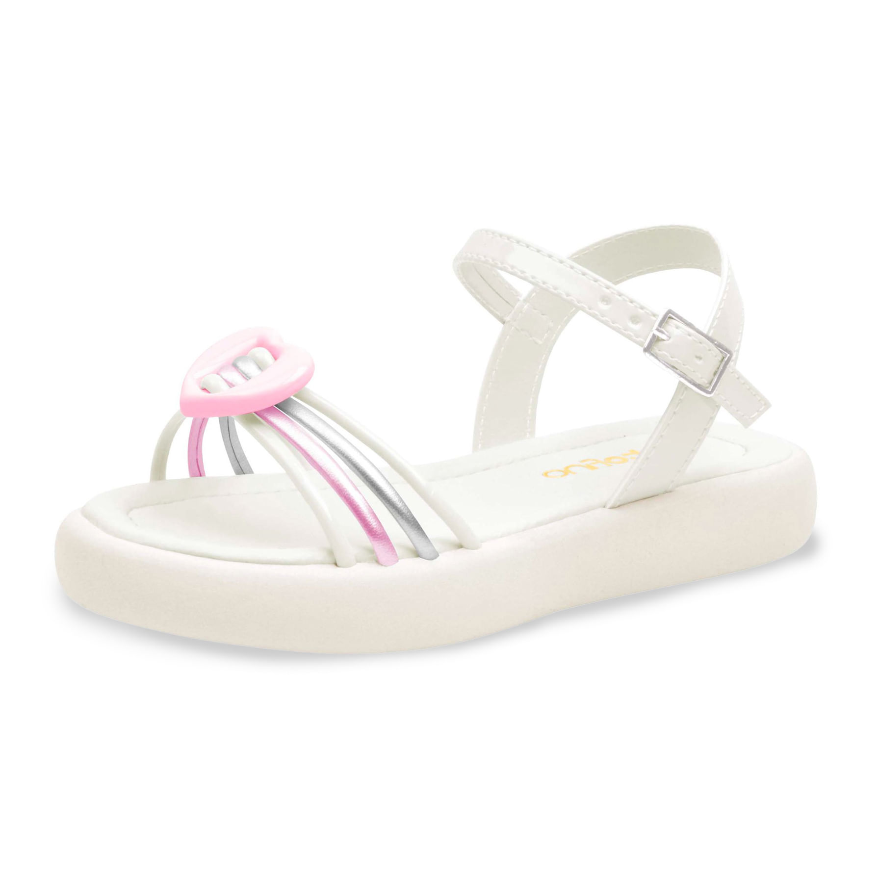 Sandália infantil Ortofino em verniz off white mostrando detalhes do solado e tiras